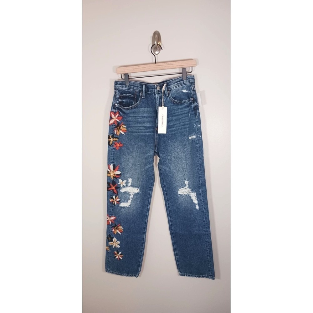 Driftwood Jordie Mom Jeans Womens 27 Embroidered Floral Distressed Boho NWT